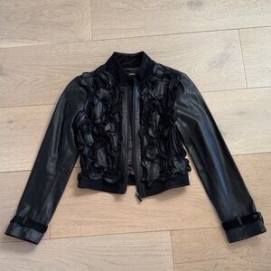 bebe Black Ruffle Front 100% Leather and Suede Jacket